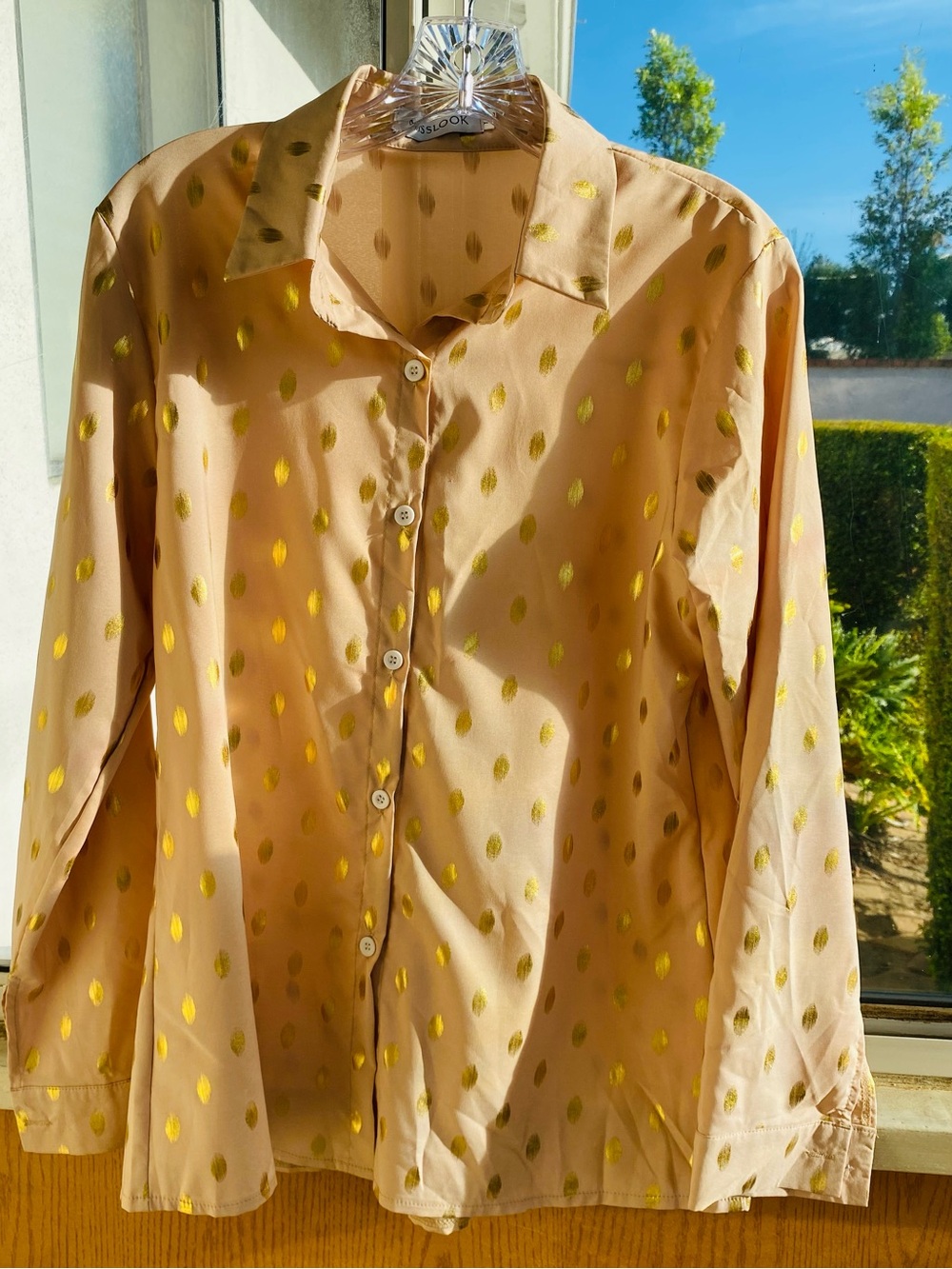 MISSLOOK Blush Pink Gold Polka Dot Button Down Blouse Size Large